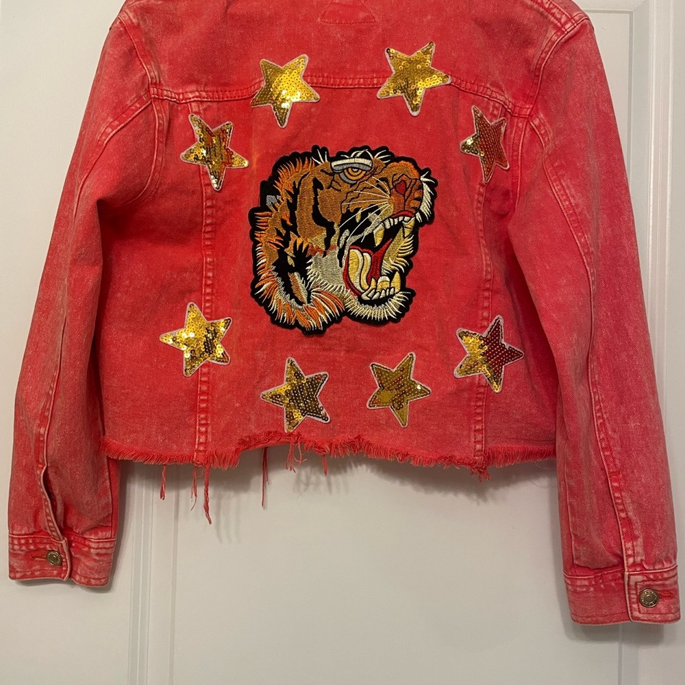 Red Denim Jacket with Tiger Patch